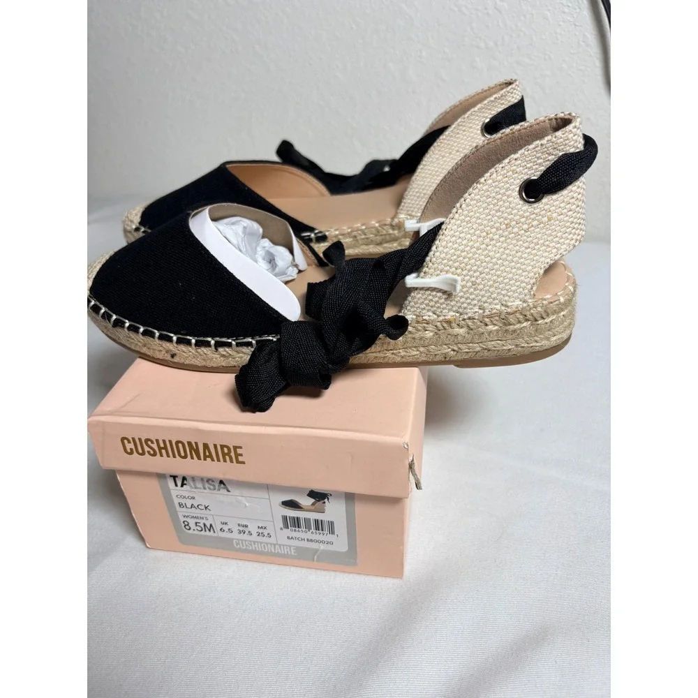 Cushionaire Talisa Espadrille Flats 8.5 Black New Lace Up Canvas Jute Ribbon